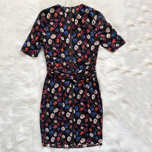 Whistles Black Floral Summer Pansy Print Silk Blend ¾ Sleeve Bodycon Dress - Picture 5 of 9